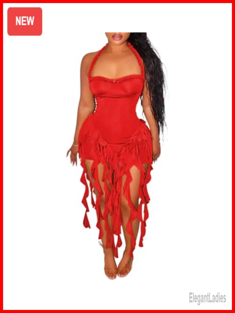 Aro Lora Women's Halter Bodycon Mini Dress Sleeveless Tassel Ruffle Party Club